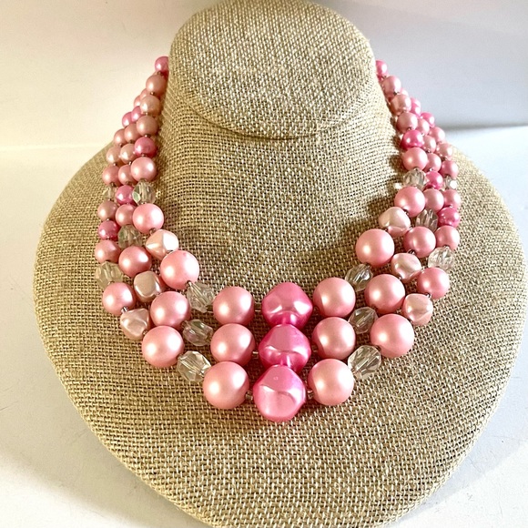 Vintage Jewelry - Vintage Japan Three Strand Pink Bead and Lucite Bauble Necklace